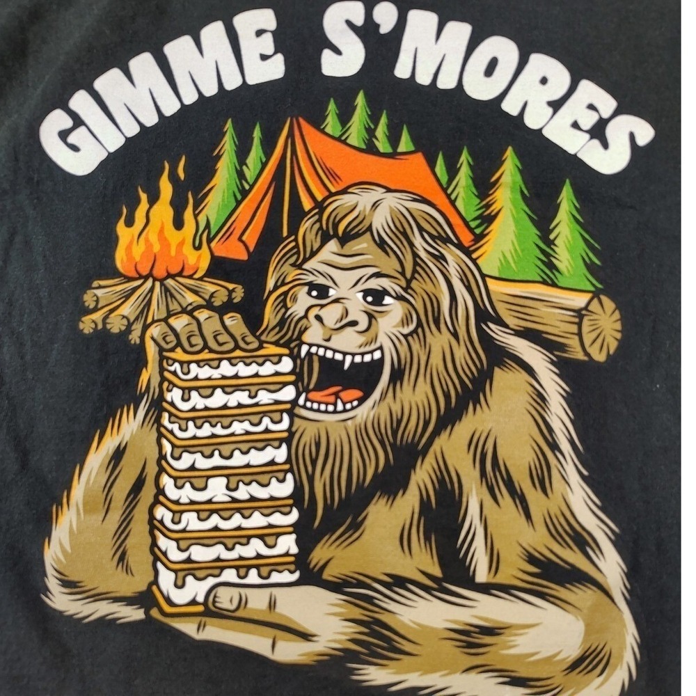Nature Calls Bigfoot Gimme Smores Graphic T-Shirt Mens S Black Camping Tee y2k